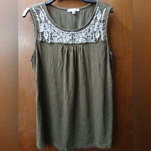 Skies Are Blue Olive Green Tank with White Embroidered Yoke